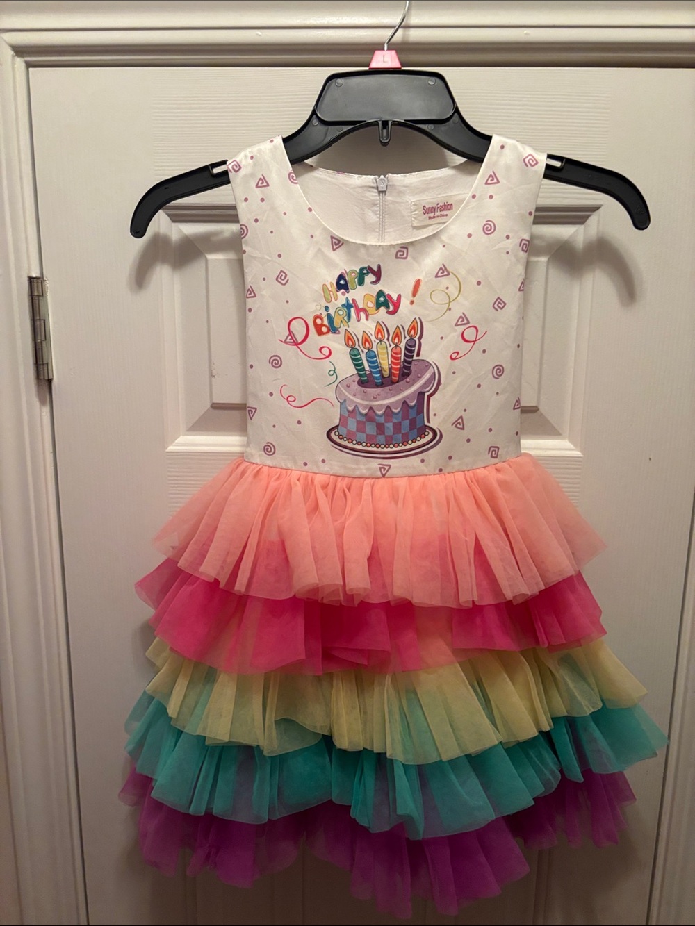 Sunny Fashion Happy Birthday Rainbow Tulle Tiered Dress for Girls